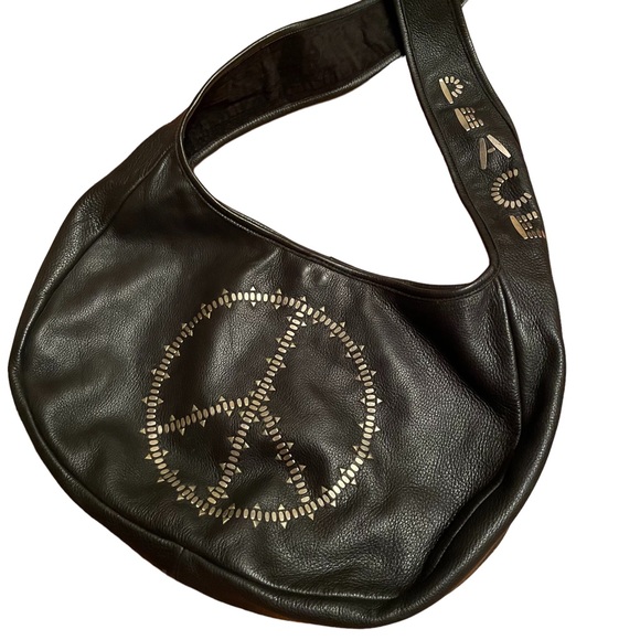 Calleen Cordero Black Imagine Peace Sign Messenger Bag studded with Nickel - Picture 4 of 9